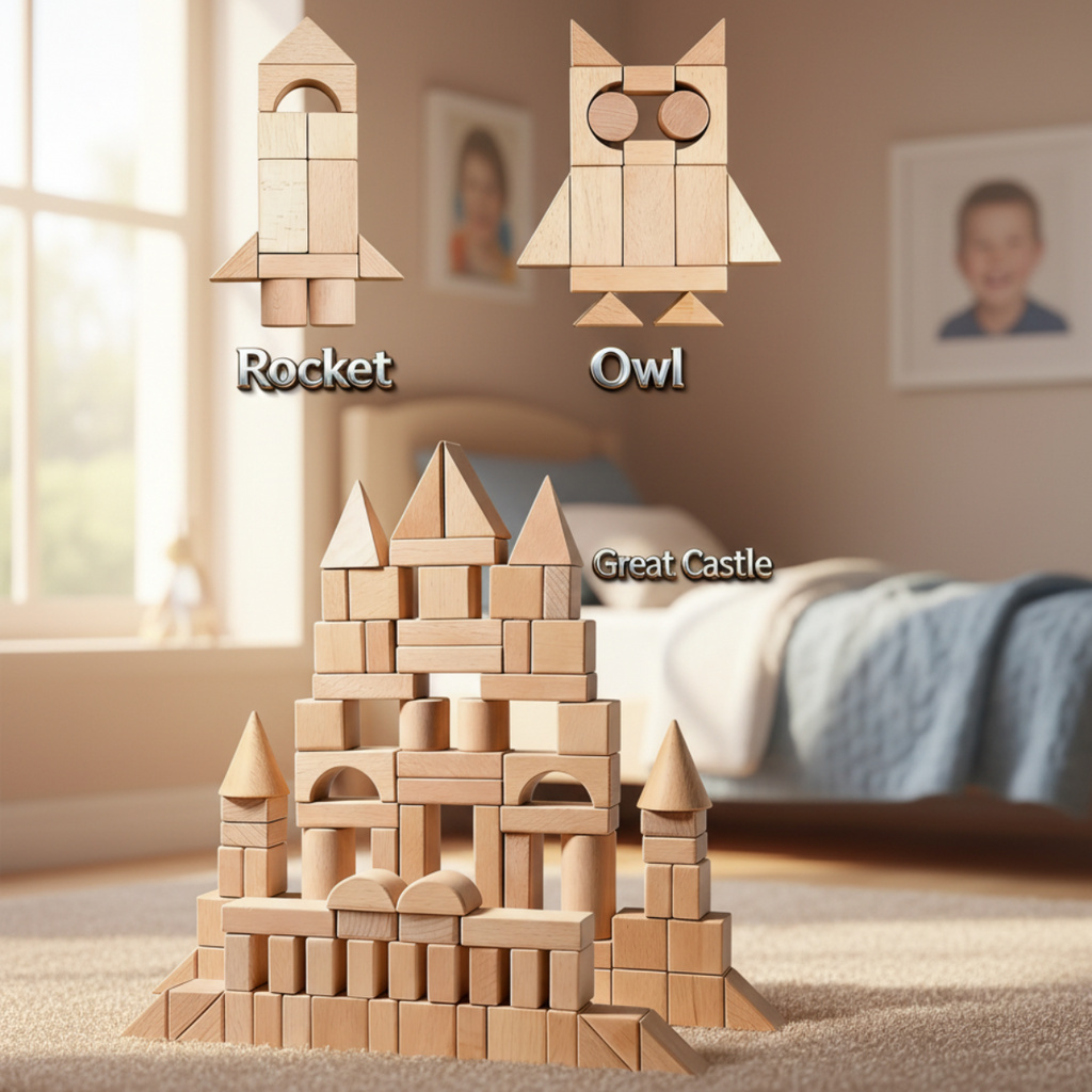 Assorted wooden construction blocks stacked and grouped for playtime activities