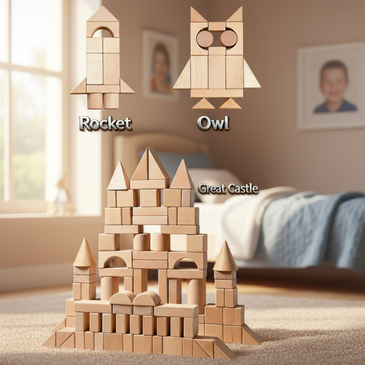 Assorted wooden construction blocks stacked and grouped for playtime activities