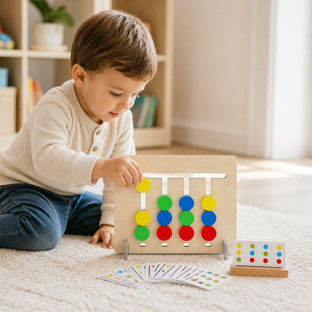 Wooden Logic Board with Sliding Colour Pieces and Pattern Matching Puzzles for Kids