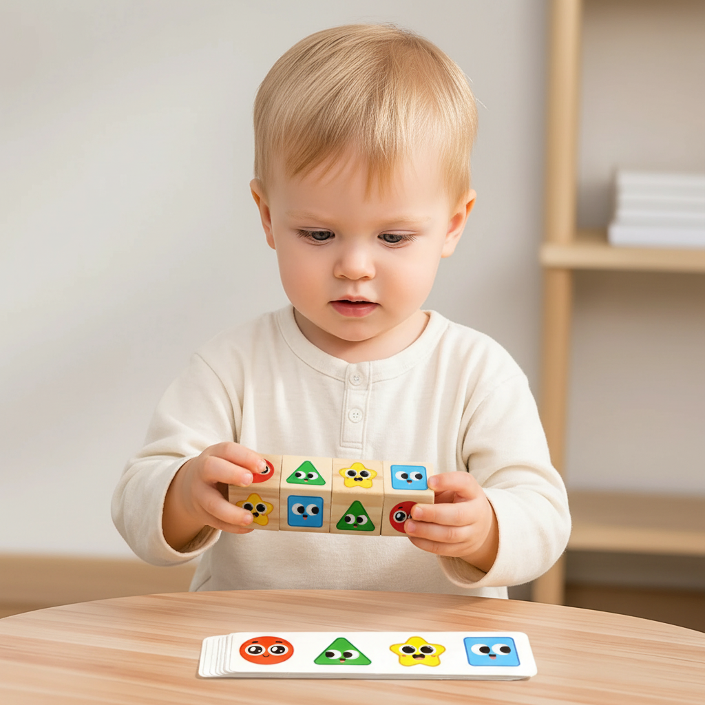 Child-friendly wooden puzzle blocks with rotating sides and colourful cartoon images