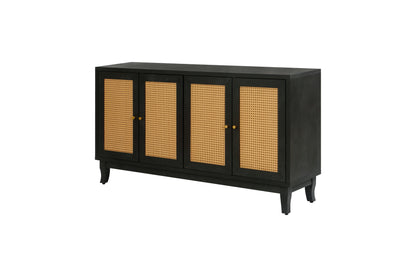 Handcrafted Premium Grain Panels Rattan Sideboard Buffer Cabinet Accent Storage Cabinet With 4 Rattan Doors BLACK