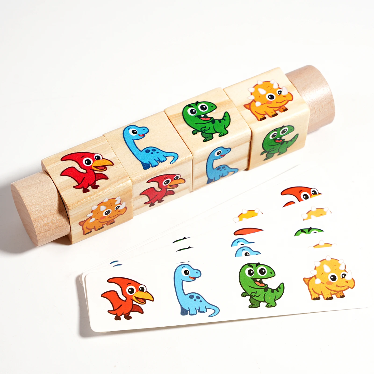 Close-up of wooden rotating puzzle blocks with bright cartoon designs