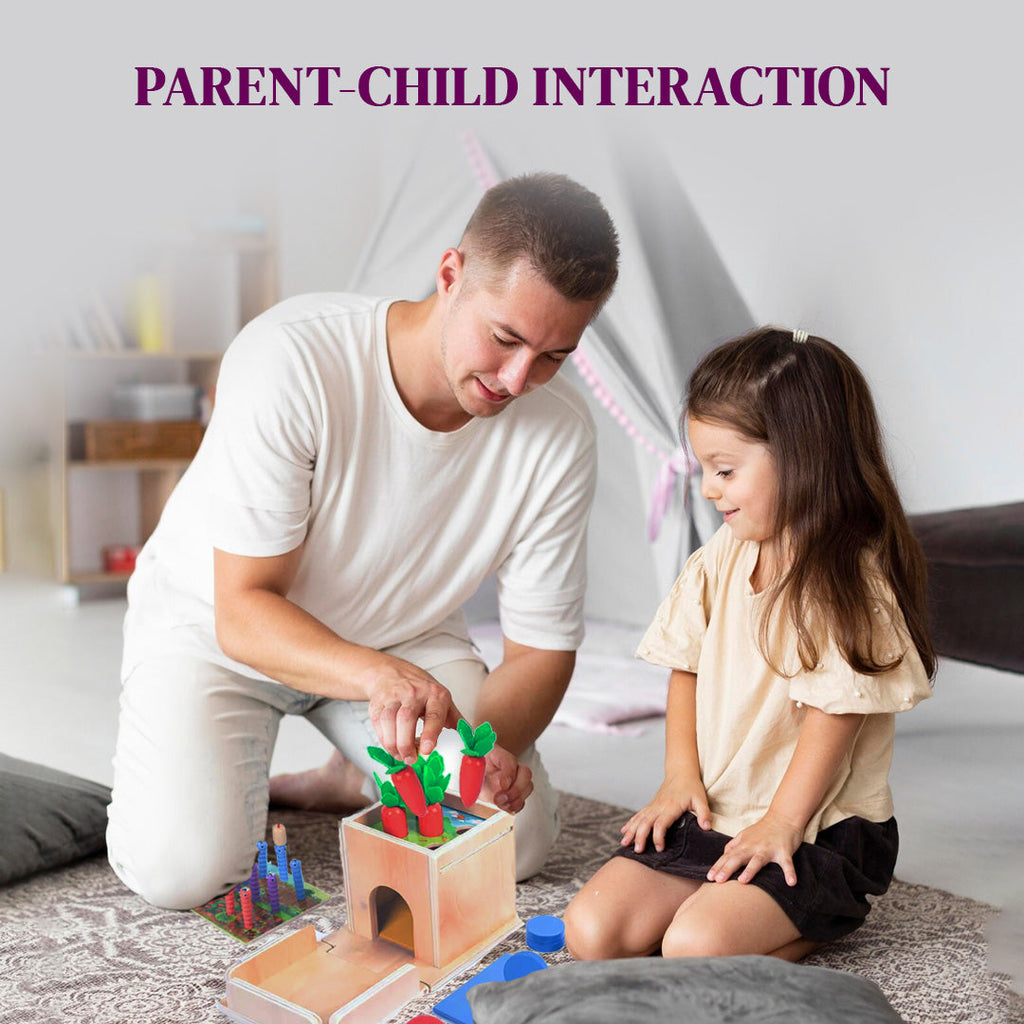 Side angle of Montessori wooden toy box showing interactive toddler activities
