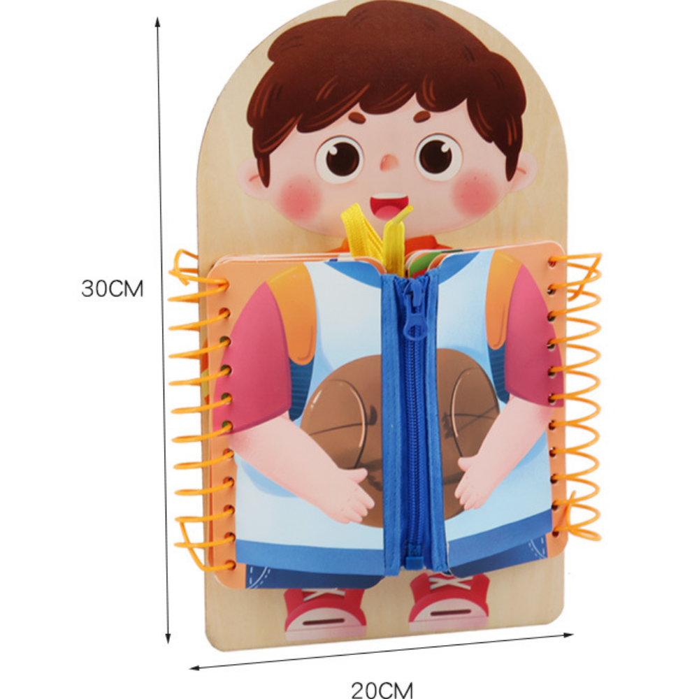 Portable Montessori busy board made from wood for screen-free toddler play