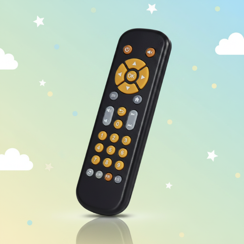 Close-up of kids educational toy remote with colourful button details