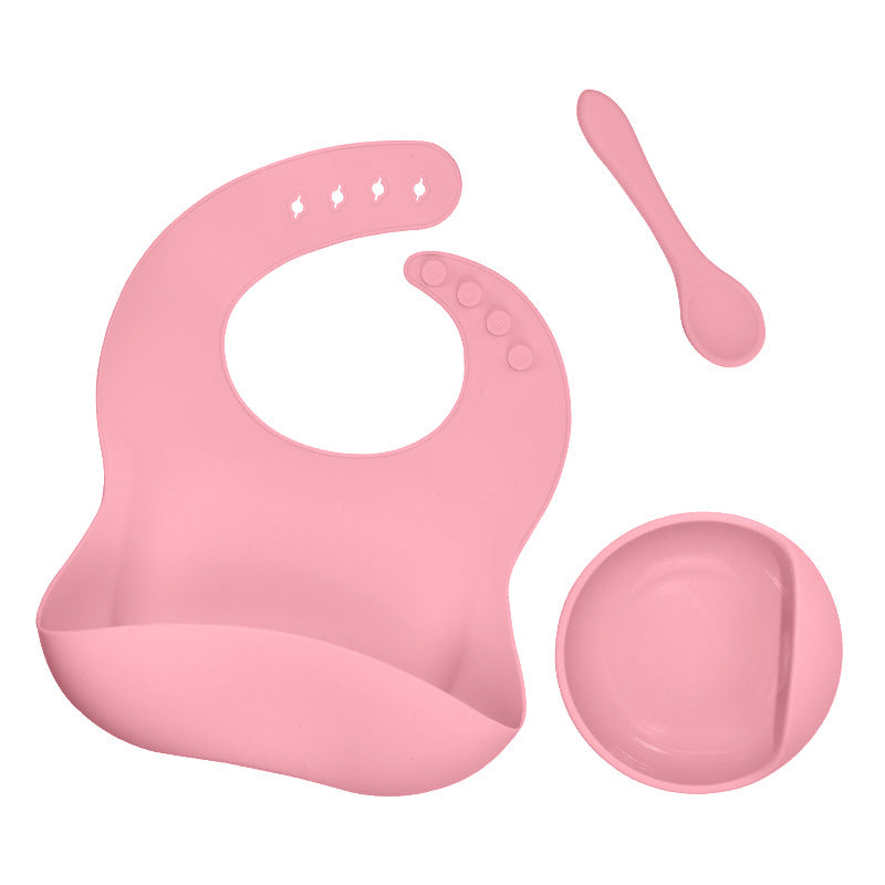 Silicone tableware set baby saliva pocket complementary food bowl children's silicone bib 3-piece set