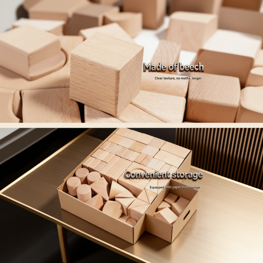 Wooden building block pieces displayed neatly to show variety of shapes and colours
