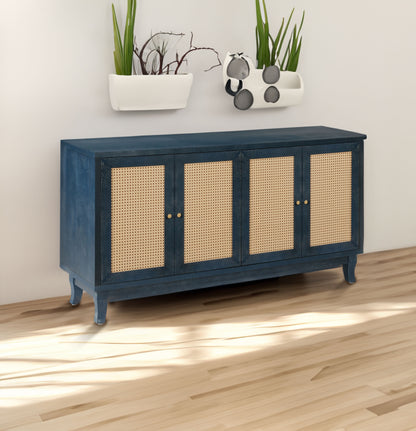 Handcrafted Premium Grain Panels Rattan Sideboard Buffer Cabinet Accent Storage Cabinet With 4 Rattan Doors BLUE