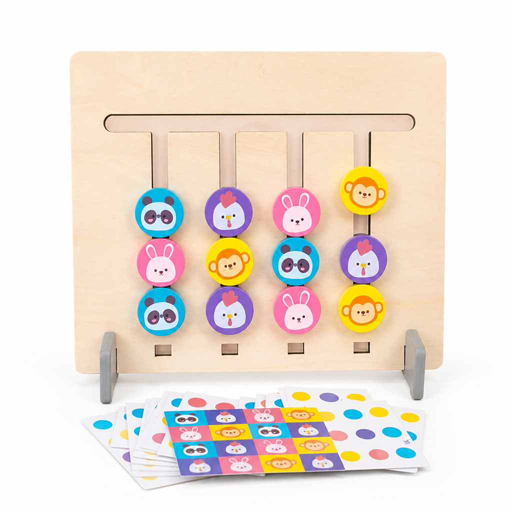 Wooden Logic Board with Sliding Colour Pieces and Pattern Matching Puzzles for Kids