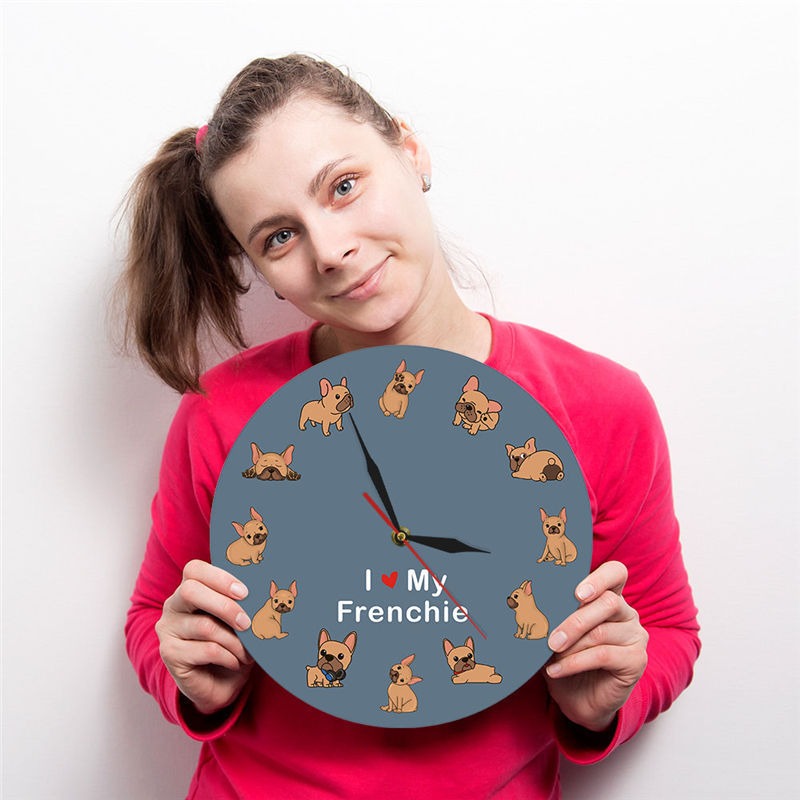 French Bulldog Printed Wall Clock Backlight Pet Shop Dog Breed Decor I Love My Frenchie Puppy Silent Non-ticking Clock