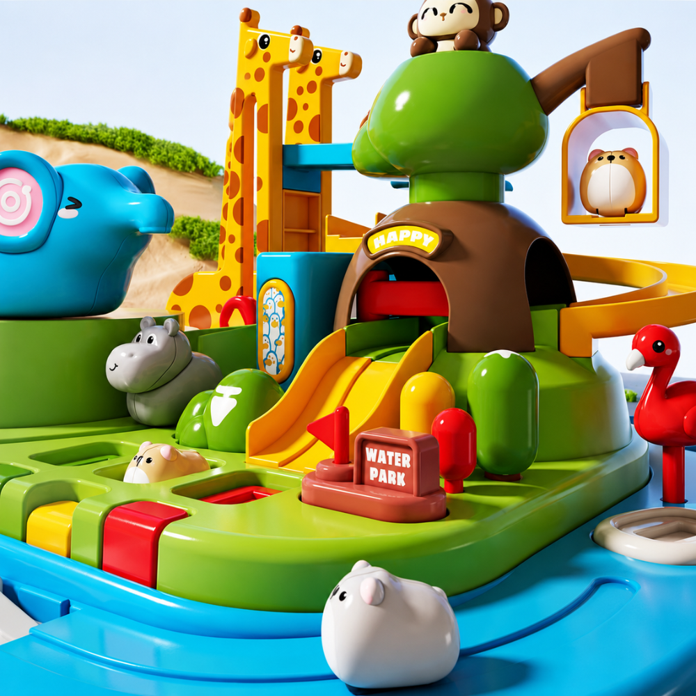 Close-up of the Zoo Track Toy car moving along the zoo-themed track