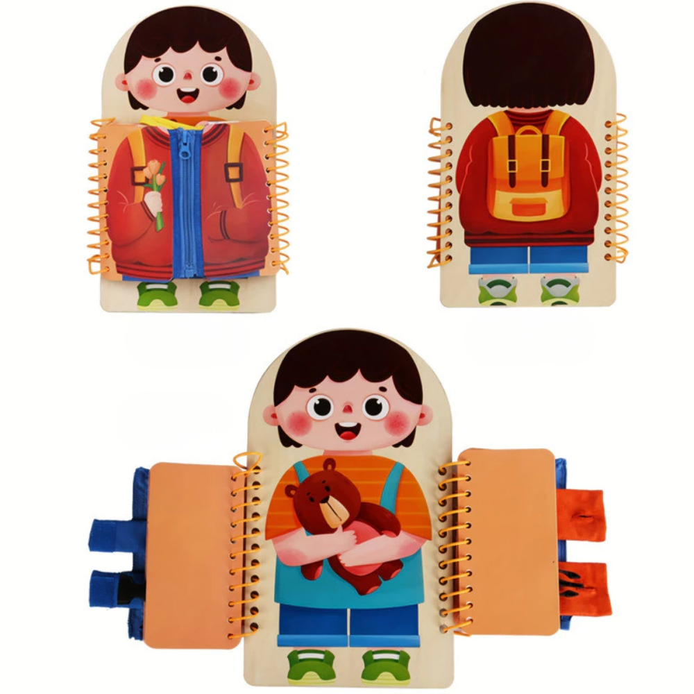 Montessori busy board for toddlers displayed on a neutral background