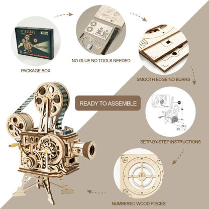 Robotime 183pcs Retro Diy 3D Hand Crank Film Projector Wooden Model Building Kits Assembly Vitascope Toy Gift for Children Adult