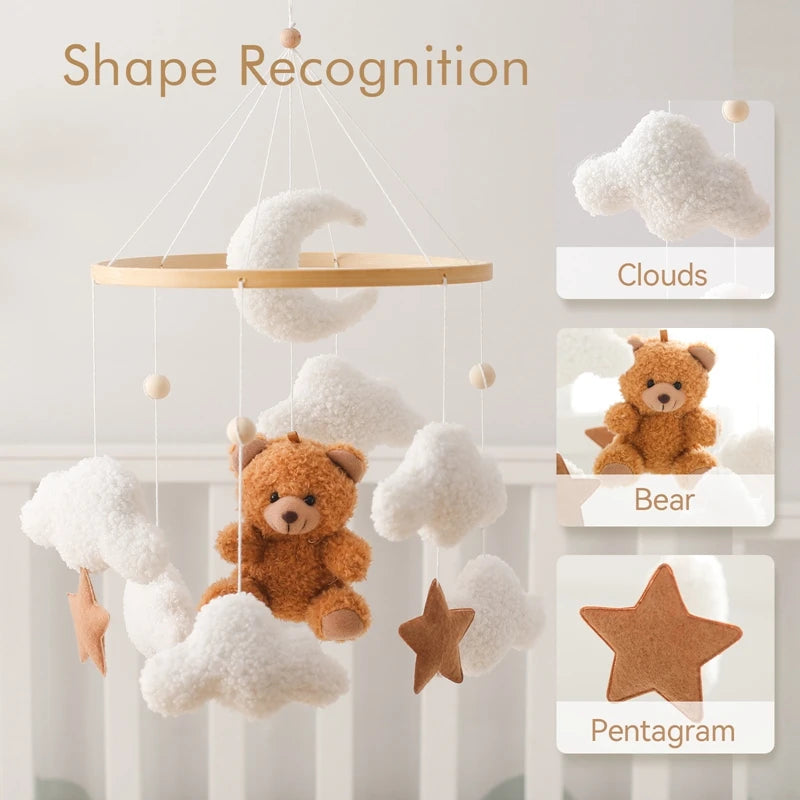 Wooden Bear Crib Mobile with Soft Felt Rattle and Music Box