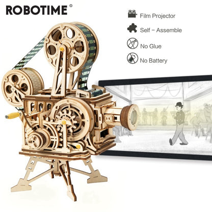 Robotime 183pcs Retro Diy 3D Hand Crank Film Projector Wooden Model Building Kits Assembly Vitascope Toy Gift for Children Adult