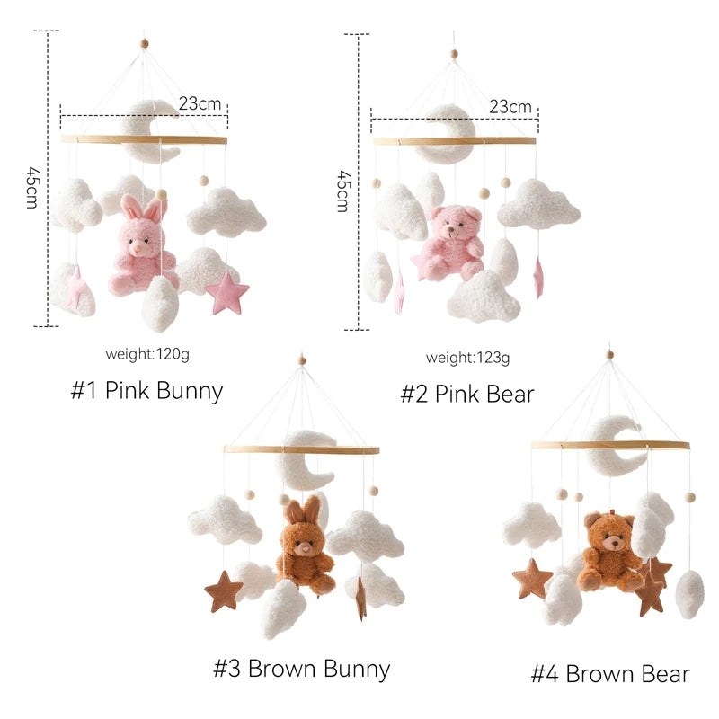 Wooden Bear Crib Mobile with Soft Felt Rattle and Music Box