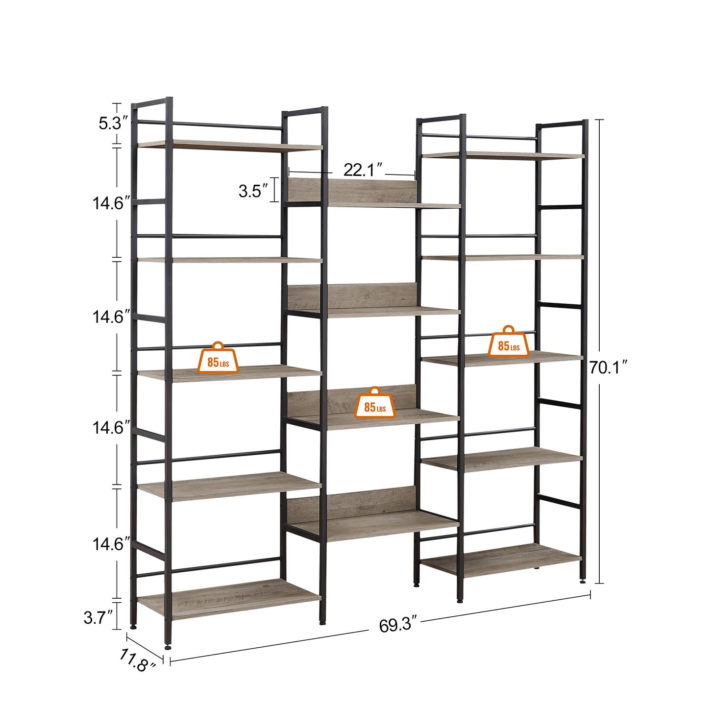 Triple Wide 5-shelf Bookshelves Industrial Retro Wooden Style Home and Office Large Open Bookshelves Grey