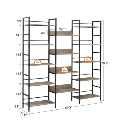 Triple Wide 5-shelf Bookshelves Industrial Retro Wooden Style Home and Office Large Open Bookshelves Grey