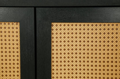 Handcrafted Premium Grain Panels Rattan Sideboard Buffer Cabinet Accent Storage Cabinet With 4 Rattan Doors BLACK