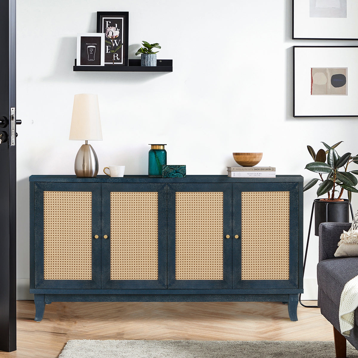 Handcrafted Premium Grain Panels Rattan Sideboard Buffer Cabinet Accent Storage Cabinet With 4 Rattan Doors BLUE