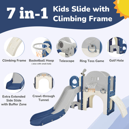 Kids Slide Playset Structure 7 in 1, Freestanding Spaceship Set with Slide, Arch Tunnel Blue+Grey + HDPE