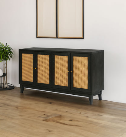 Handcrafted Premium Grain Panels Rattan Sideboard Buffer Cabinet Accent Storage Cabinet With 4 Rattan Doors BLACK