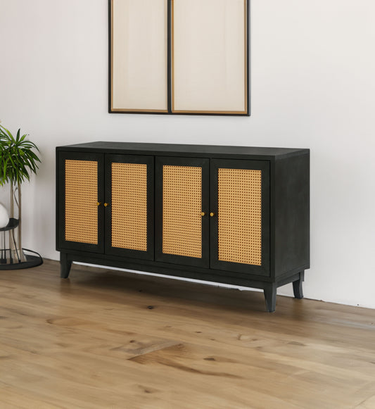 Handcrafted Premium Grain Panels Rattan Sideboard Buffer Cabinet Accent Storage Cabinet With 4 Rattan Doors BLACK