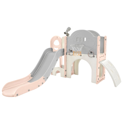 Kids Slide Playset Structure 7 in 1, Freestanding Spaceship Set with Slide, Arch Tunnel Pink+Grey + HDPE