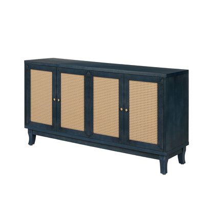 Handcrafted Premium Grain Panels Rattan Sideboard Buffer Cabinet Accent Storage Cabinet With 4 Rattan Doors BLUE