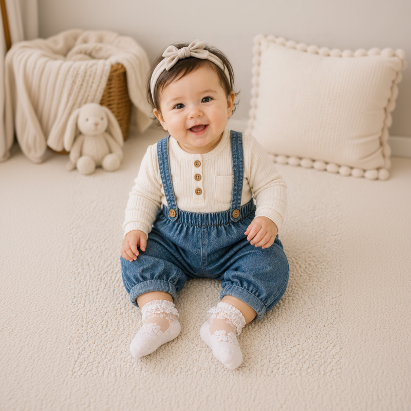 Close-up of baby lace socks with delicate trim and stretchy cuff