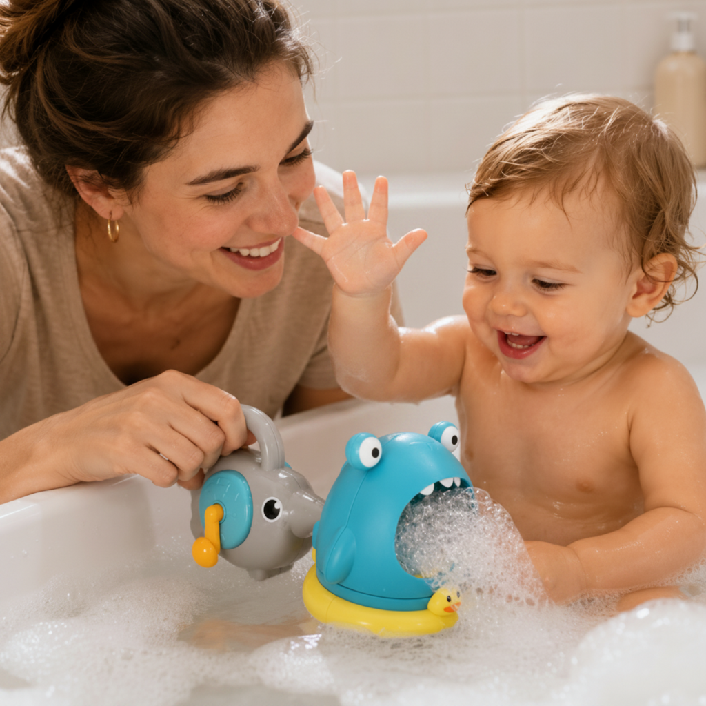 Crab bath toy creating bubbles during bath time