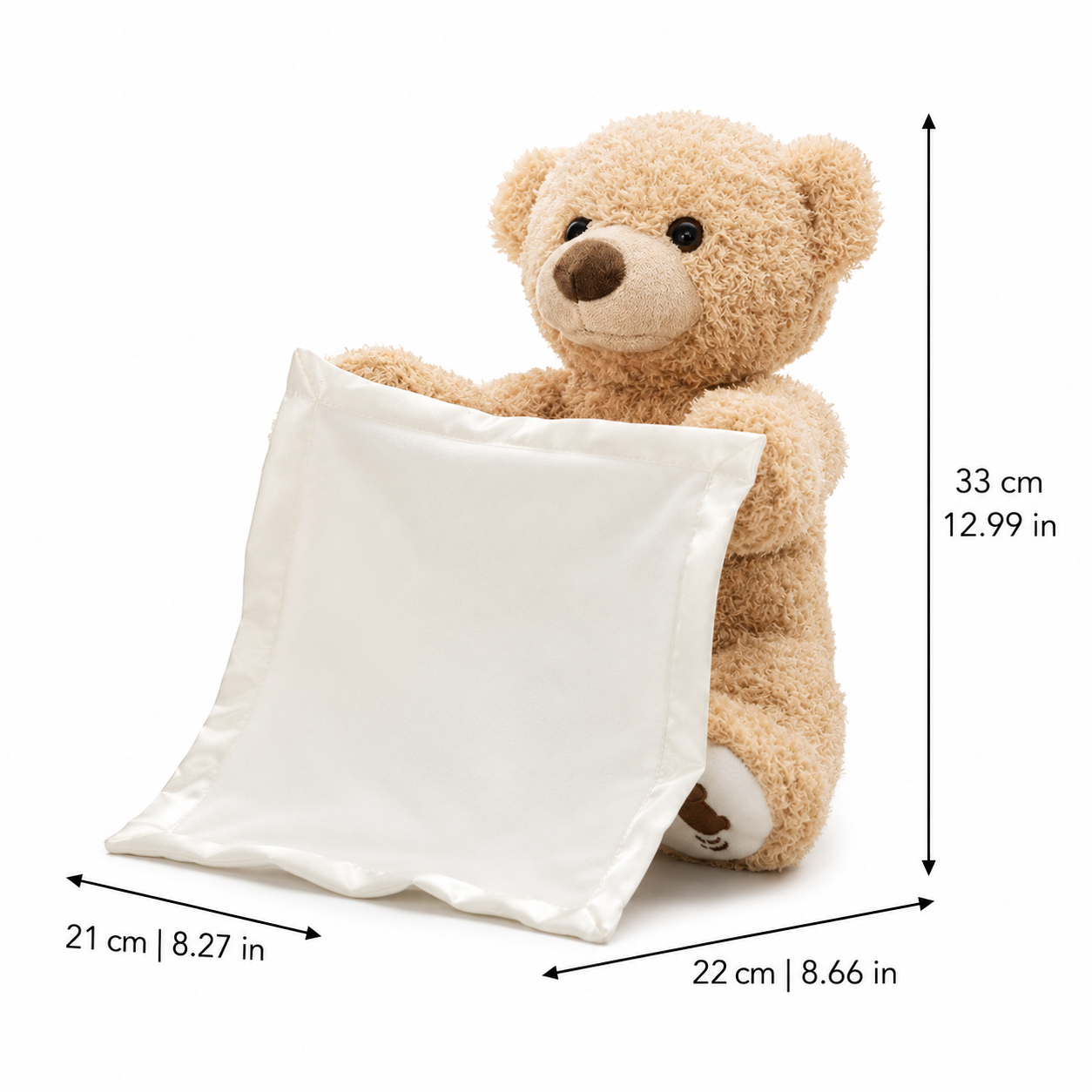 Baby musical plush bear toy with peekaboo feature and cuddly fabric