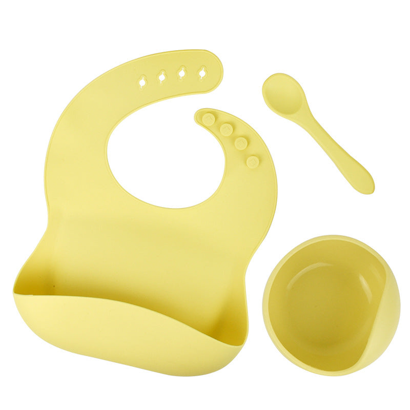 Silicone tableware set baby saliva pocket complementary food bowl children's silicone bib 3-piece set