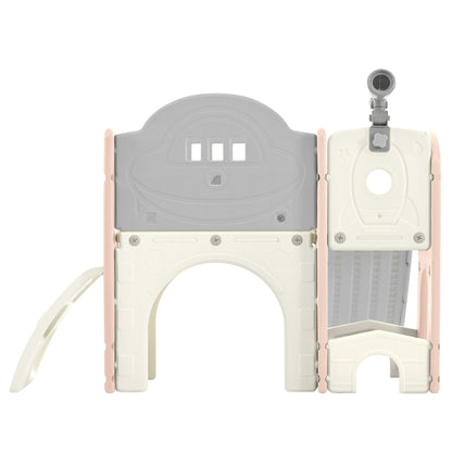 Kids Slide Playset Structure 7 in 1, Freestanding Spaceship Set with Slide, Arch Tunnel Pink+Grey + HDPE