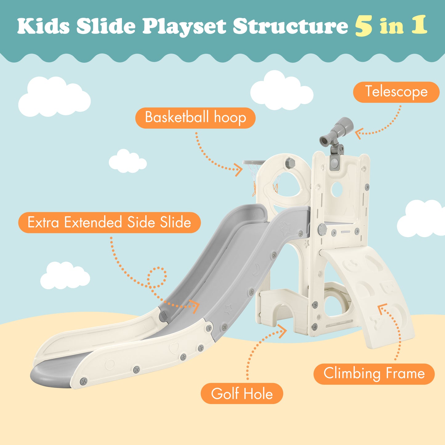 Kids Slide Playset Structure 5 in 1, Freestanding Spaceship Set with Slide, Telescope and Basketball Hoop Grey+White + HDPE