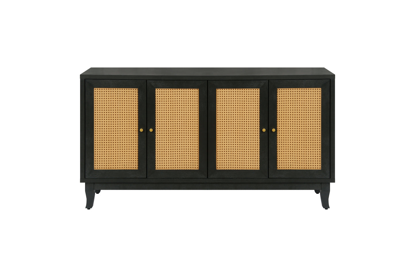 Handcrafted Premium Grain Panels Rattan Sideboard Buffer Cabinet Accent Storage Cabinet With 4 Rattan Doors BLACK