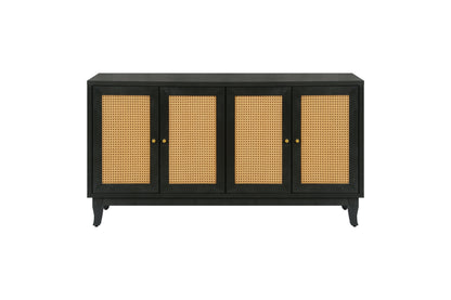 Handcrafted Premium Grain Panels Rattan Sideboard Buffer Cabinet Accent Storage Cabinet With 4 Rattan Doors BLACK