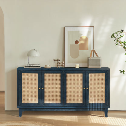 Handcrafted Premium Grain Panels Rattan Sideboard Buffer Cabinet Accent Storage Cabinet With 4 Rattan Doors BLUE