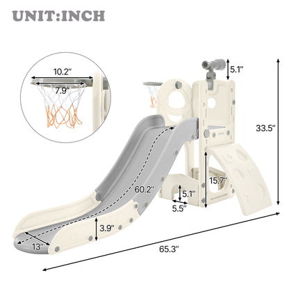 Kids Slide Playset Structure 5 in 1, Freestanding Spaceship Set with Slide, Telescope and Basketball Hoop Grey+White + HDPE