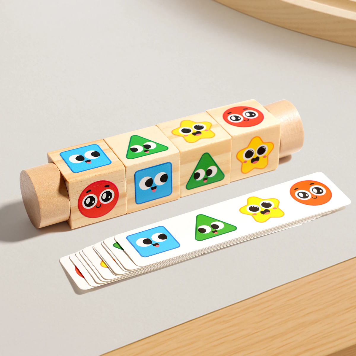 Wooden educational puzzle blocks with cartoon characters and rotating cubes