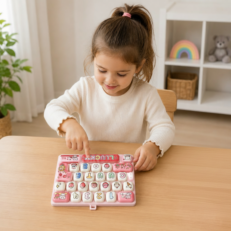 Compact keyboard fidget toy with pressable keys for tactile play