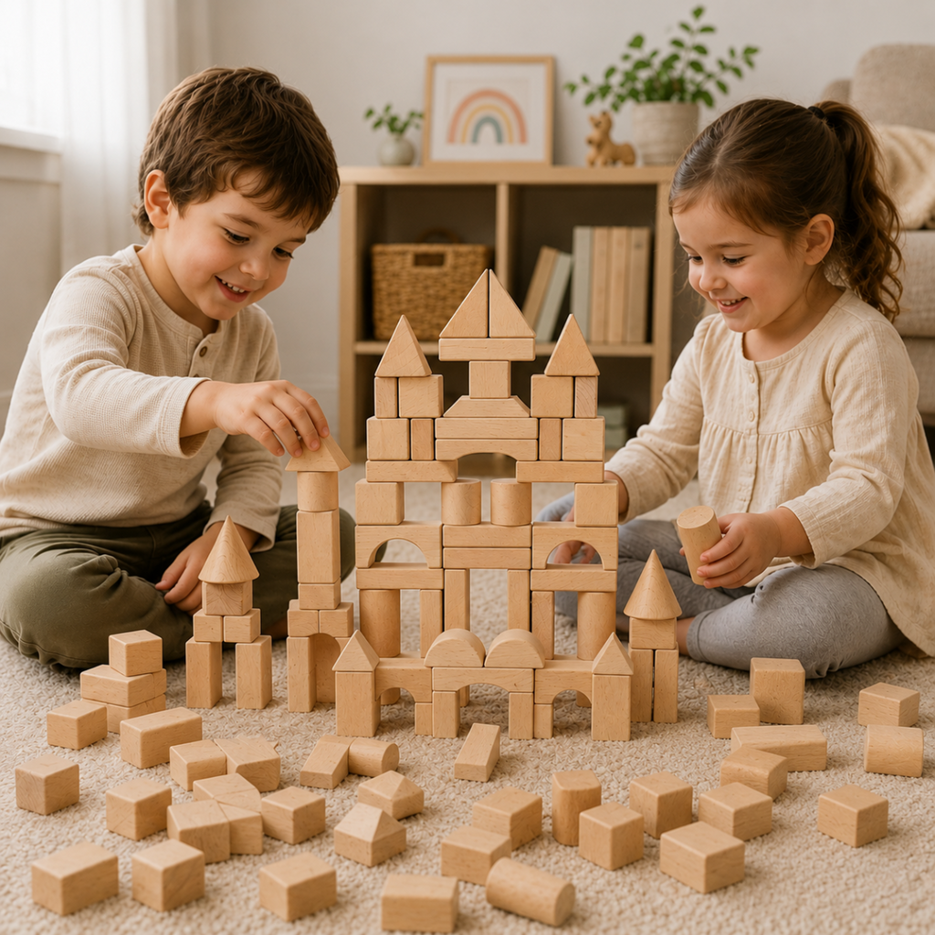 100-piece wooden building blocks set arranged in assorted shapes for creative play