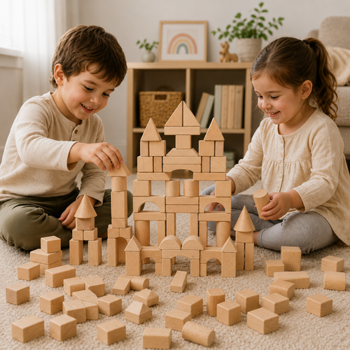 100-piece wooden building blocks set arranged in assorted shapes for creative play