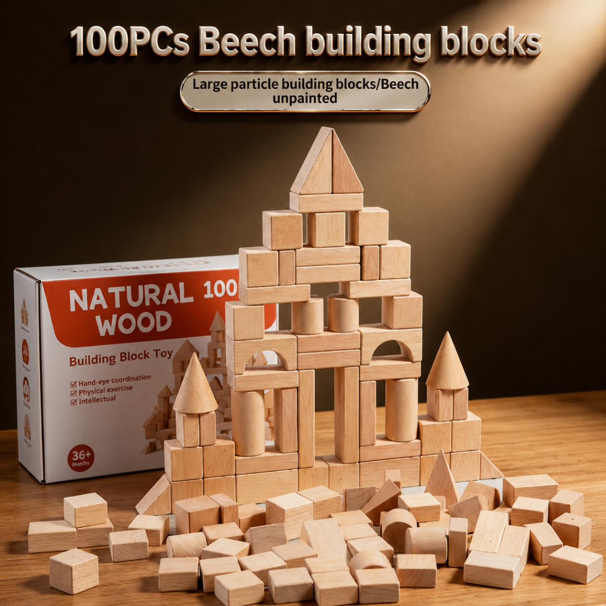 Wooden building blocks set with colourful assorted pieces for hands-on learning