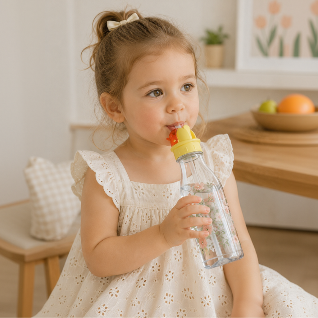 Reusable kids bottle cap with straw lid angled view for school bottles