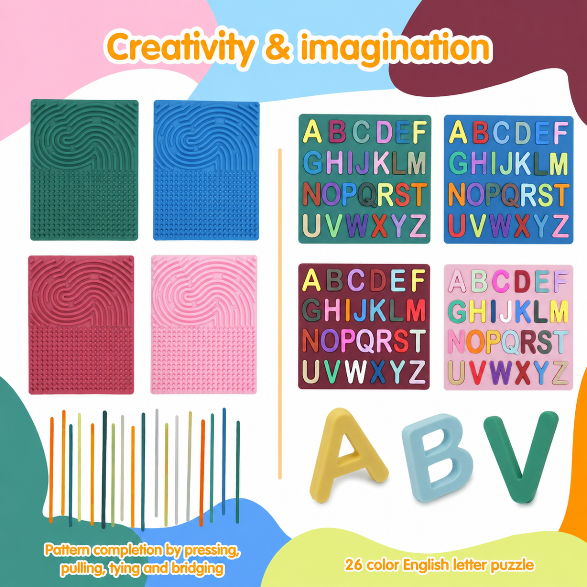 Portable silicone alphabet activity board for quiet play