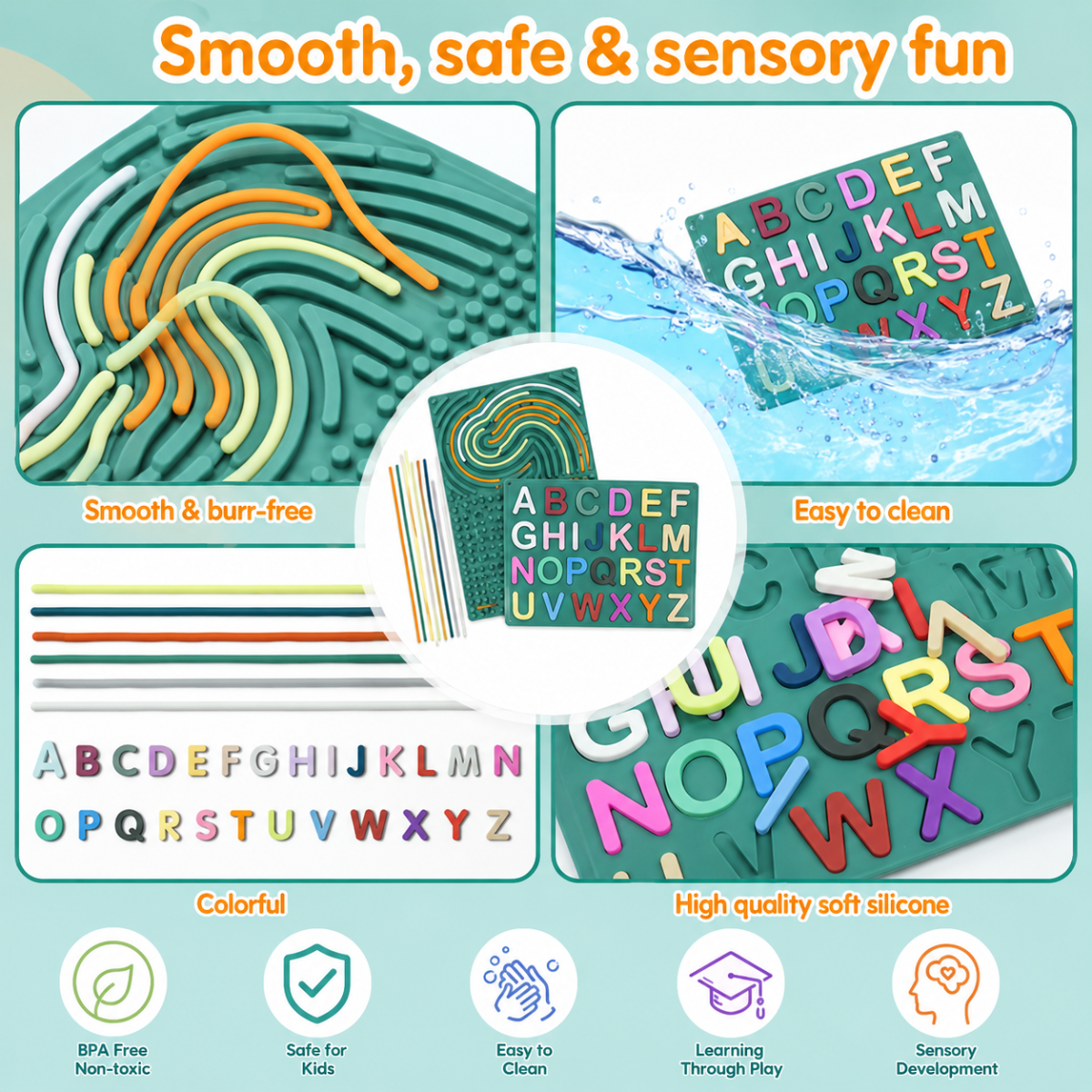 Soft-touch silicone letter board designed for preschool learning