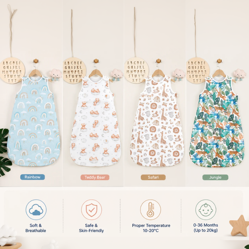 Sleeveless baby sleep sack in soft breathable fabric laid flat