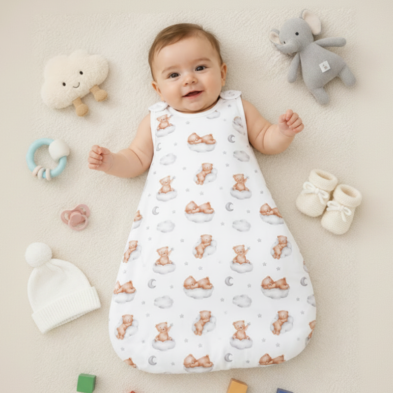 Front view of soft sleeveless baby sleeping bag for infants