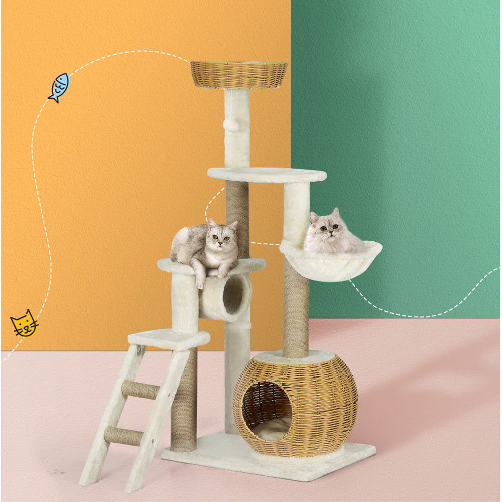 i.Pet Cat Tree 138cm Tower Scratching Post Scratcher Wood Bed Condo House Rattan Ladder